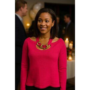 Boston Proper Chain Neck Sweater M Hot Pink Glam Knit Top Gold Accent Barbiecore